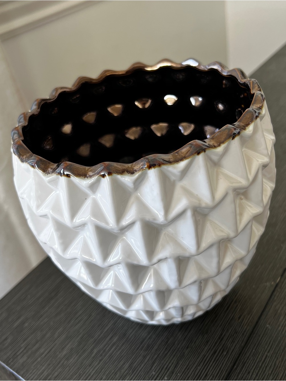 White Geometric Ceramic Vase with Metallic Rim